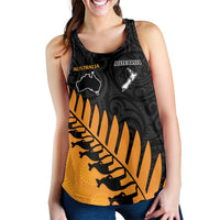 Australia New Zealand Rugby Women Racerback Tank Gold Aboriginal Wallabies and Maori Black Fern - Polynesian Pride