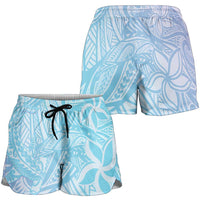Baby Blue Gradient Polynesia Shorts for Women Hawaiian Tribal Hammerhead Shark Tattoo - Polynesian Pride