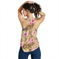 Beige Hawaii Hibiscus With Tropical Flowers Motifs Women Racerback Tank - Polynesian Pride