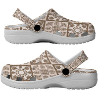 Beige Palaka Quilt Hawaii Clogs Shoes Hawaiian Tropical Monstera Sea Turtle