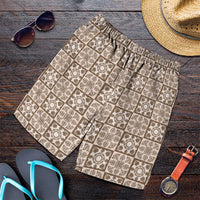 Beige Palaka Quilt Hawaii Shorts for Men Hawaiian Tropical Monstera Sea Turtle