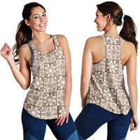Beige Palaka Quilt Hawaii Women Racerback Tank Hawaiian Tropical Monstera Sea Turtle LT14 - Polynesian Pride
