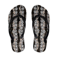 Black and Beige Hawaii Shell Lei Flip Flops Hawaiian Sunrise Shell Hebrew Cone Plumeria - Polynesian Pride