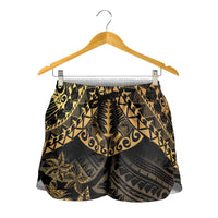 Black and Gold Polynesia Shorts for Women Plumeria Tattoo With Polynesian Pattern - Polynesian Pride