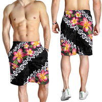 Black Polynesia Shorts for Men Plumeria With Hibiscus Pattern Tropical Vibes - Polynesian Pride