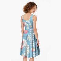 Blue Hawaii Anthurium Plumeria Lei Midi Dress
