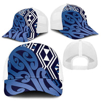 Blue New Zealand Mesh Trucker Cap Aotearoa Kowhaiwhai Mix Taniko Art - Polynesian Pride