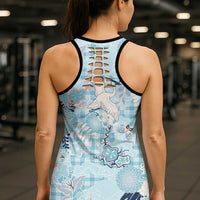 Blue Palaka Crane and Flowers Hollow Tank Top Japan Heritage Spirit - Polynesian Pride