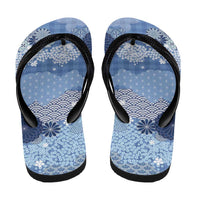 Blue Palaka Japanese Traditional Flip Flops Asanoha Seigaiha Sakura Motif - Polynesian Pride