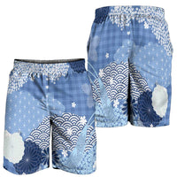 Blue Palaka Japanese Traditional Shorts for Men Asanoha Seigaiha Sakura Motif - Polynesian Pride