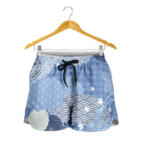 Blue Palaka Japanese Traditional Shorts for Women Asanoha Seigaiha Sakura Motif - Polynesian Pride