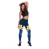 Blue Polynesia Leggings Plumeria Tropical Leaves With Galaxy Polynesian Art - Polynesian Pride