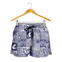 Blue Tonga Kilisimasi Fiefia Shorts for Women Pacific Patchwork Xmas Vibes - Polynesian Pride