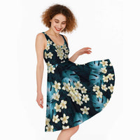Blue Tropical Hawaii Midi Dress Seamless Monstera Plumeria Hawaiian Pattern - Polynesian Pride