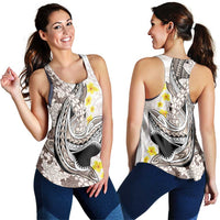 Brown and White Hawaii Shark Tattoo Women Racerback Tank Puakenikeni Lei Plumeria Polynesian Pattern - Polynesian Pride