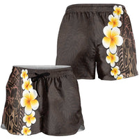 Brown Polynesia Shorts for Women Plumeria Tropical Leaves With Galaxy Polynesian Art - Polynesian Pride