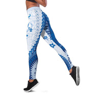 Bula Fiji Leggings Blue Plumeria Masi Tapa Pattern LT05 Blue - Polynesian Pride