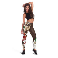 Bula Fiji Tagimaucia Mix Plumeria Masi Tapa Leggings Brown LT7 - Polynesian Pride