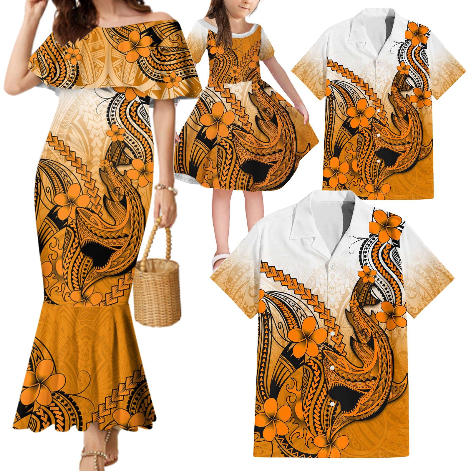 Orange Hawaii Family Matching Outfits - Mermaid Dress and Hawaiian Shirt Polynesian Shark Tattoo LT14 - Polynesian Pride