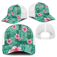 Cyan Hawaii Hibiscus With Tropical Flowers Motifs Baseball Net Cap - Polynesian Pride