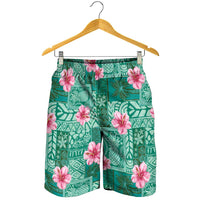 Cyan Hawaii Hibiscus With Tropical Flowers Motifs Shorts for Men - Polynesian Pride