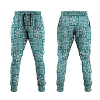 Cyan Palaka Quilt Hawaii Jogger Pants Hawaiian Tropical Monstera Sea Turtle