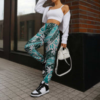 Cyan Tahiti Tiare Monstera Jogger Pants Polynesian Pattern Curve Style - Polynesian Pride