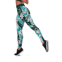 Cyan Tahiti Tiare Monstera Leggings Polynesian Pattern Curve Style - Polynesian Pride
