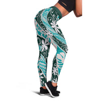 Cyan Tahiti Tiare Monstera Leggings Polynesian Pattern Curve Style - Polynesian Pride