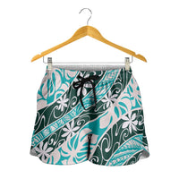 Cyan Tahiti Tiare Monstera Shorts for Women Polynesian Pattern Curve Style - Polynesian Pride