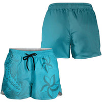 Dark Cyan Gradient Polynesia Shorts for Women Hawaiian Tribal Hammerhead Shark Tattoo - Polynesian Pride