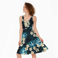 Dark Cyan Tropical Hawaii Midi Dress Seamless Monstera Plumeria Hawaiian Pattern - Polynesian Pride