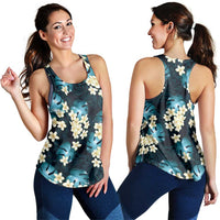 Dark Cyan Tropical Hawaii Women Racerback Tank Seamless Monstera Plumeria Hawaiian Pattern - Polynesian Pride