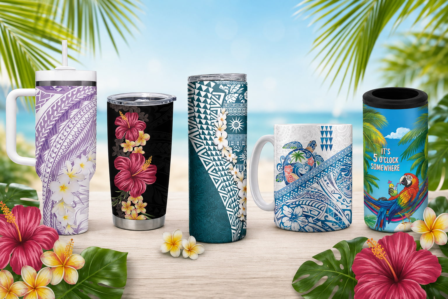 Collection of colorful mugs with tropical designs on a wooden surface with flowers and leaves.