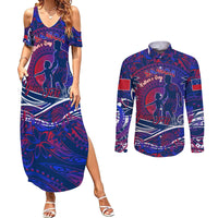 Father's Day Samoa Couples Matching Summer Maxi Dress and Long Sleeve Button Shirt Special Dad Polynesia Paradise DT02 Green - Polynesian Pride
