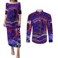 Father's Day American Samoa Couples Matching Puletasi and Long Sleeve Button Shirt Special Dad Polynesia Paradise DT02 Blue - Polynesian Pride