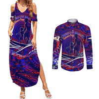 Father's Day American Samoa Couples Matching Summer Maxi Dress and Long Sleeve Button Shirt Special Dad Polynesia Paradise DT02 Blue - Polynesian Pride