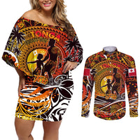 Father's Day Tonga Couples Matching Off Shoulder Short Dress and Long Sleeve Button Shirt Special Dad Polynesia Paradise DT02 Orange - Polynesian Pride