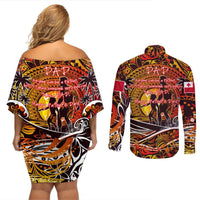 Father's Day Tonga Couples Matching Off Shoulder Short Dress and Long Sleeve Button Shirt Special Dad Polynesia Paradise DT02 - Polynesian Pride