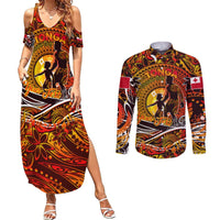 Father's Day Tonga Couples Matching Summer Maxi Dress and Long Sleeve Button Shirt Special Dad Polynesia Paradise DT02 Orange - Polynesian Pride