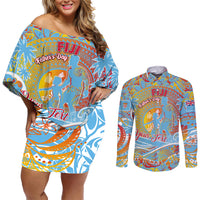 Father's Day Fiji Couples Matching Off Shoulder Short Dress and Long Sleeve Button Shirt Special Dad Polynesia Paradise DT02 Red - Polynesian Pride