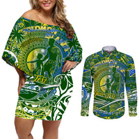 Father's Day Solomon Islands Couples Matching Off Shoulder Short Dress and Long Sleeve Button Shirt Special Dad Polynesia Paradise DT02 Green - Polynesian Pride