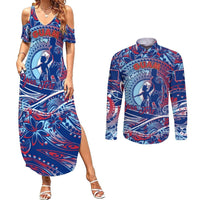 Father's Day Guam Couples Matching Summer Maxi Dress and Long Sleeve Button Shirt Special Dad Polynesia Paradise DT02 Blue - Polynesian Pride