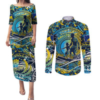 Father's Day Tokelau Couples Matching Puletasi and Long Sleeve Button Shirt Special Dad Polynesia Paradise DT02 Blue - Polynesian Pride