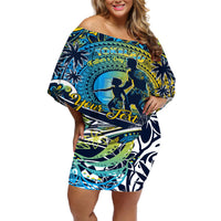Father's Day Tokelau Off Shoulder Short Dress Special Dad Polynesia Paradise DT02 Women Blue - Polynesian Pride