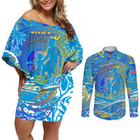 Father's Day Tuvalu Couples Matching Off Shoulder Short Dress and Long Sleeve Button Shirt Special Dad Polynesia Paradise DT02 Blue - Polynesian Pride