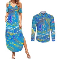 Father's Day Tuvalu Couples Matching Summer Maxi Dress and Long Sleeve Button Shirt Special Dad Polynesia Paradise DT02 Blue - Polynesian Pride