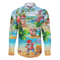Guam Christmas Family Matching Off Shoulder Short Dress and Hawaiian Shirt Santa Claus Beach and Wave DT02 Dad's Shirt - Long Sleeve Art - Polynesian Pride