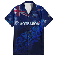 Personalised New Zealand Family Matching Puletasi Dress and Hawaiian Shirt Aotearoa Map Silver Fern DT02 Dad's Shirt - Short Sleeve Blue - Polynesian Pride
