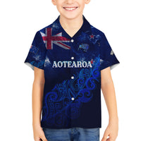 Personalised New Zealand Family Matching Short Sleeve Bodycon Dress and Hawaiian Shirt Aotearoa Map Silver Fern DT02 Son's Shirt Blue - Polynesian Pride